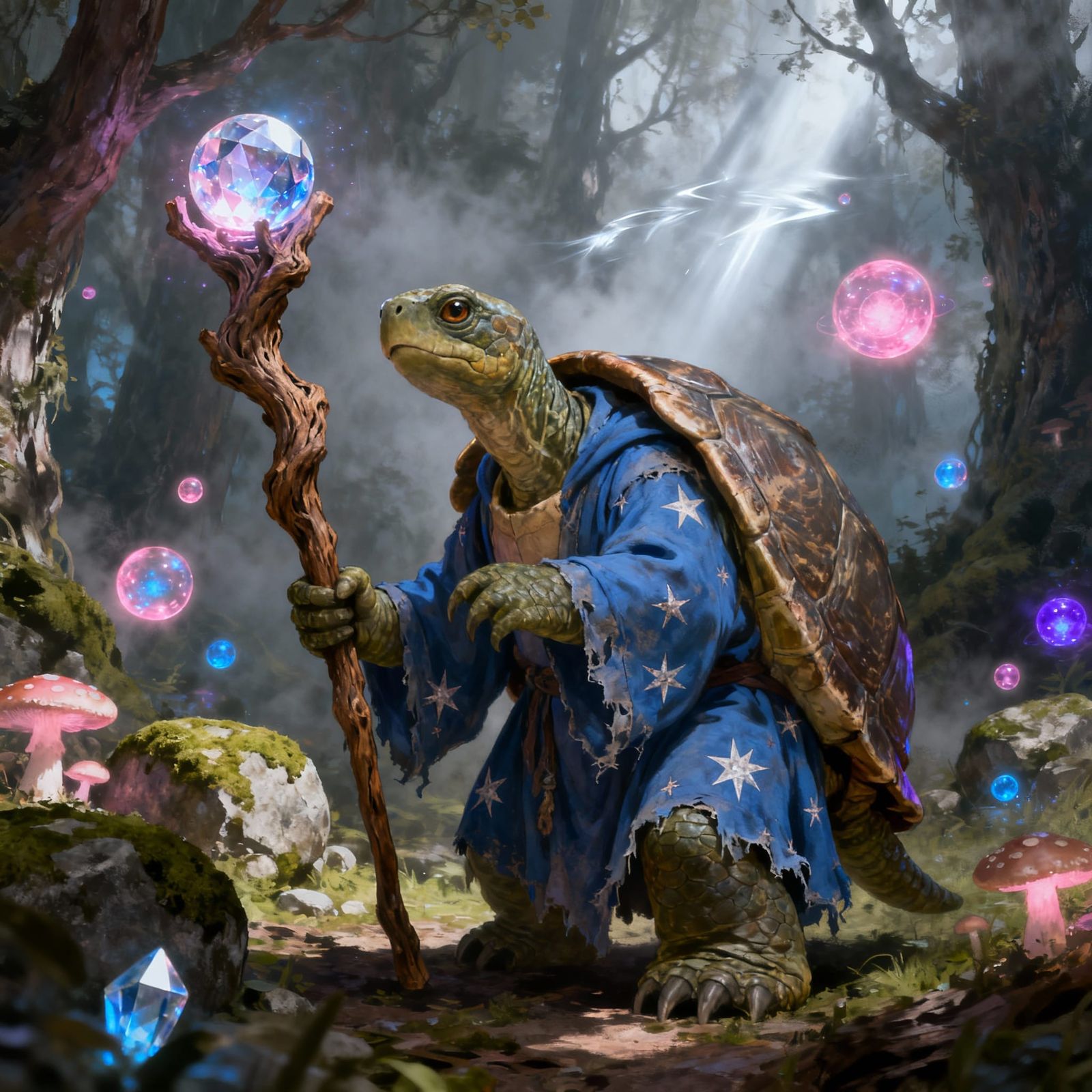 Turtle Wizard with Crystal Staff in Misty Forest