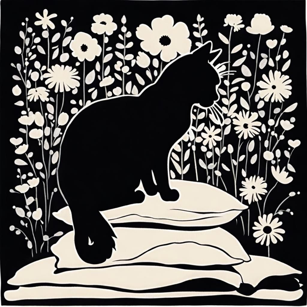 Whimsical Silhouette Art with Cat and Flowers