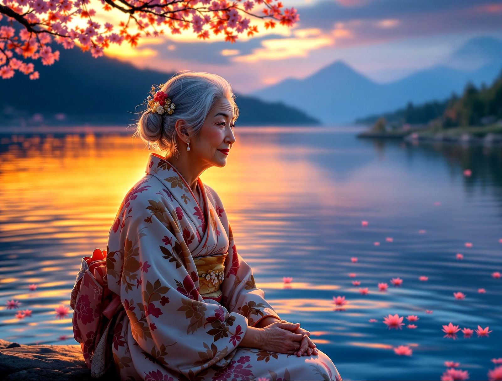 Hyperrealistic Japanese Grandmother in Sunset Reflection