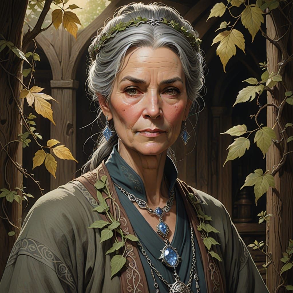 Stern Fantasy Herbalist in Earth-Toned Robe with Intricate E...