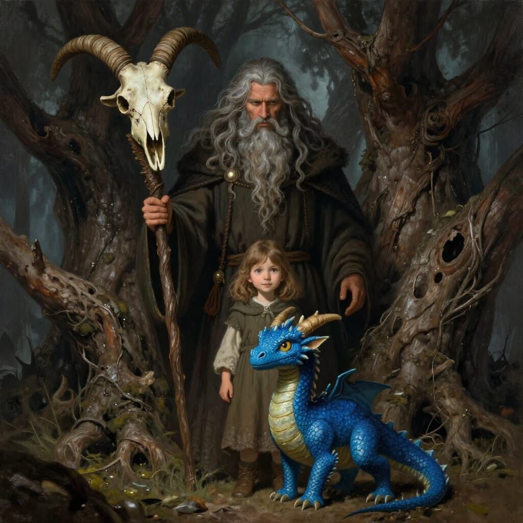 Druid with Dragon and Girl in Dark Fantasy Art