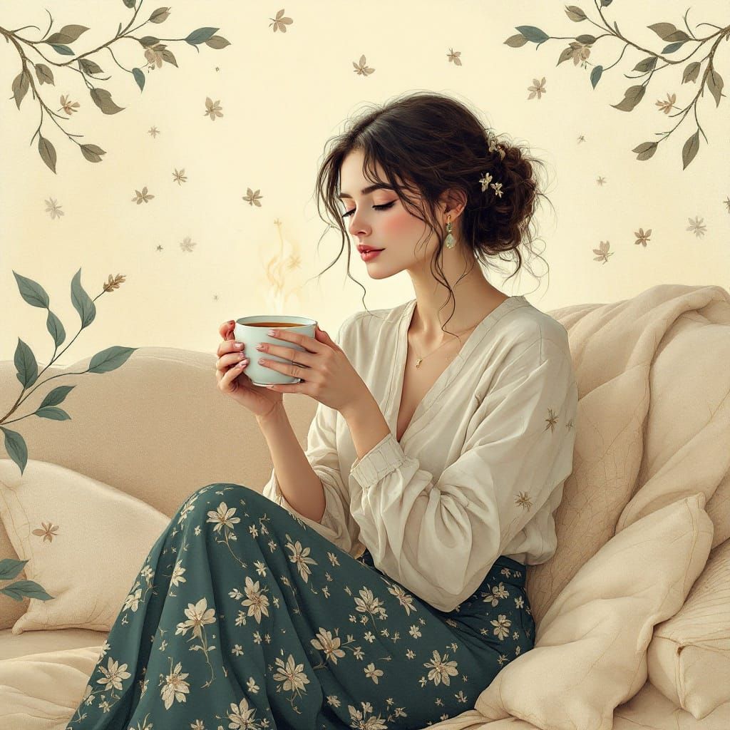 Woman Enjoying Herbal Tea in Art Nouveau Style