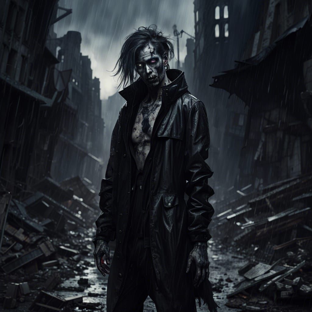 Gothic Dark Fantasy Zombie Amidst a Ruined Cityscape Under R...
