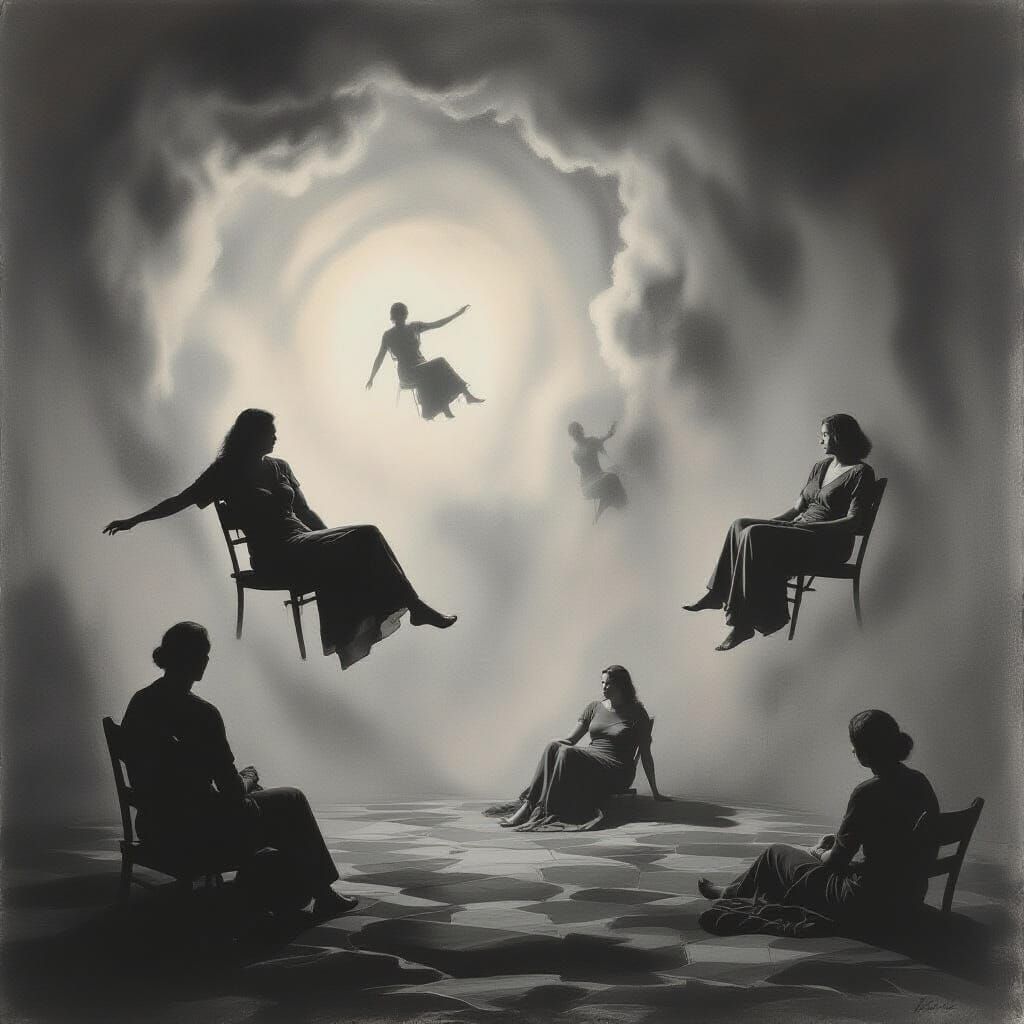 Surreal Dreamscape Charcoal Drawing of Timeless Peace