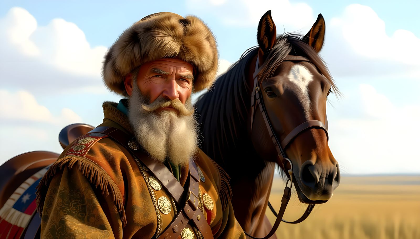 Cossack and Warhorse Portrait in Rembrandt Style