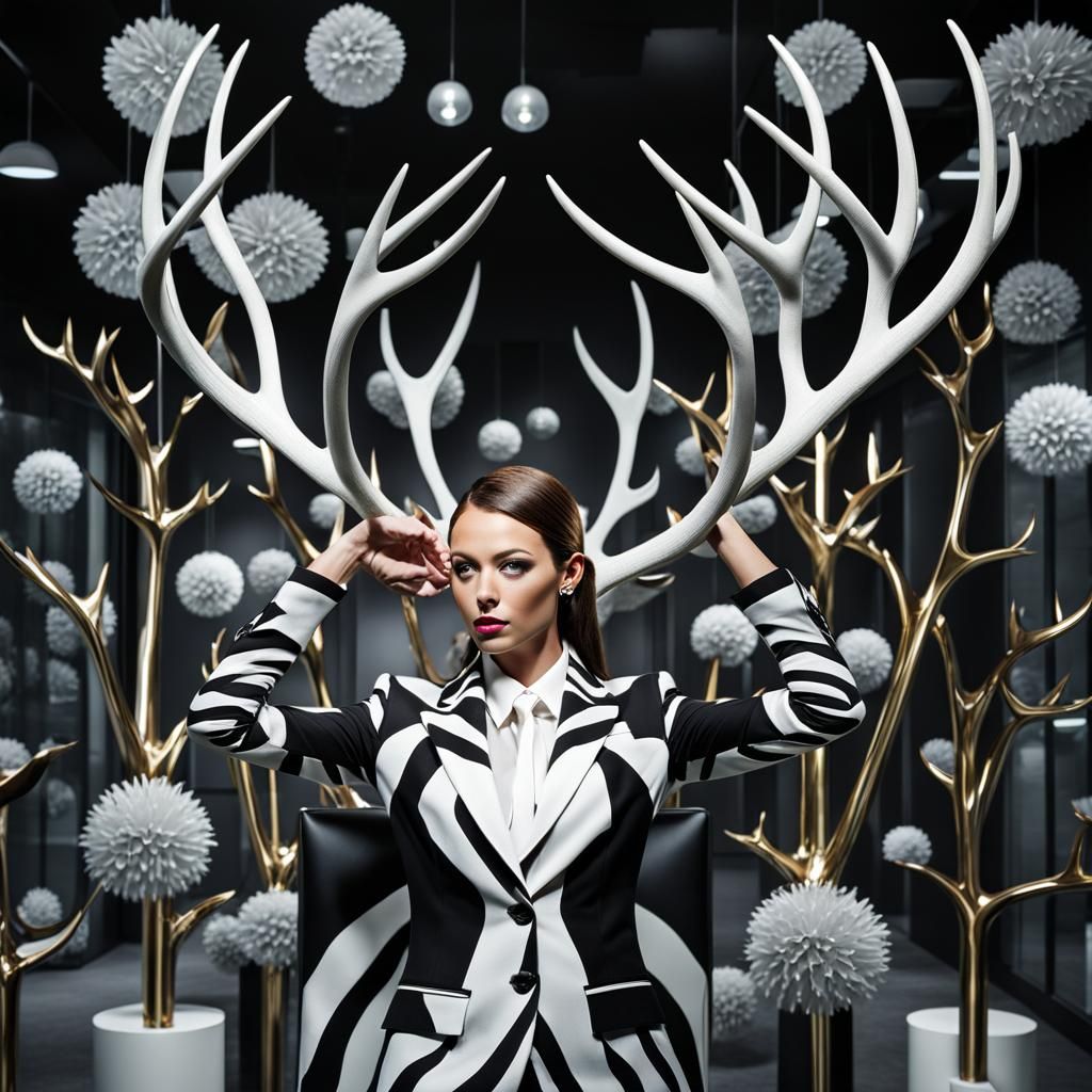 Businesswoman in Zebra Striped Suit with Antlers in Futurist...