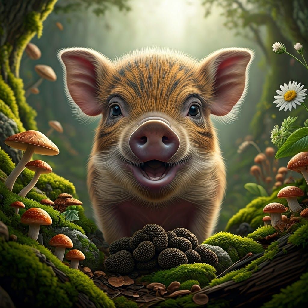 Joyful Wild Piglet Surveys Vibrant Mushrooms in Forest Habit...
