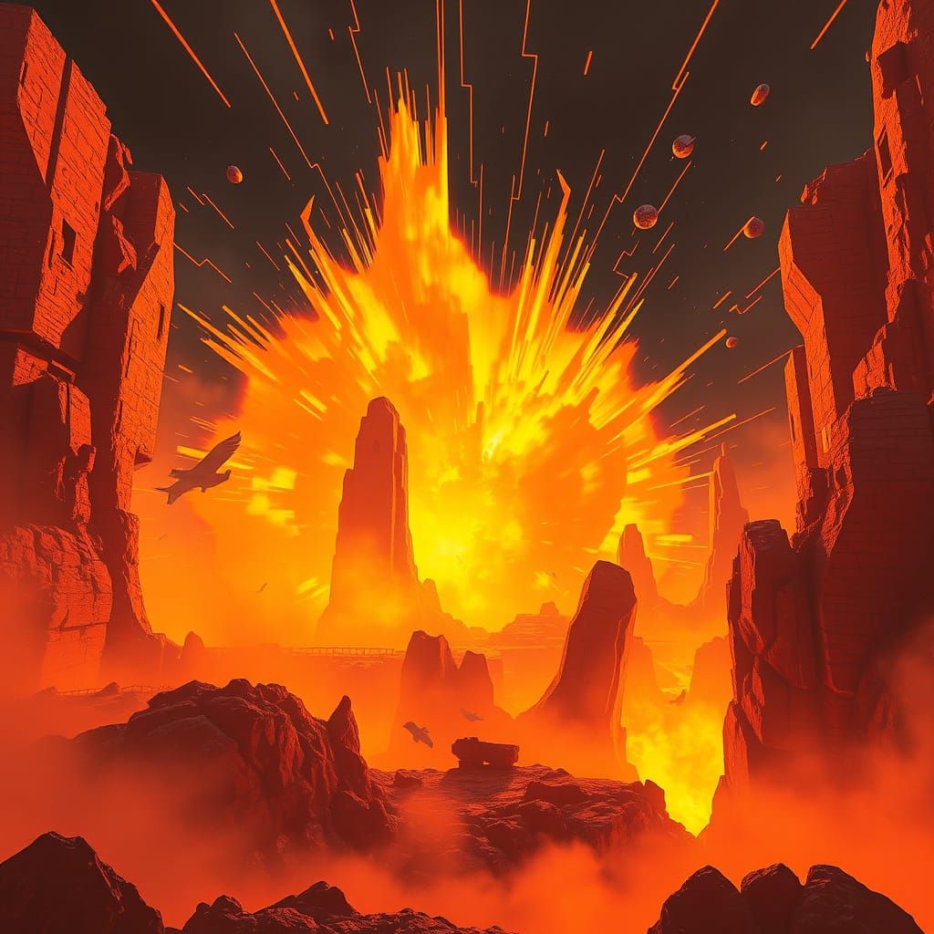 Explosive Blast in Dystopian Cyberpunk Style