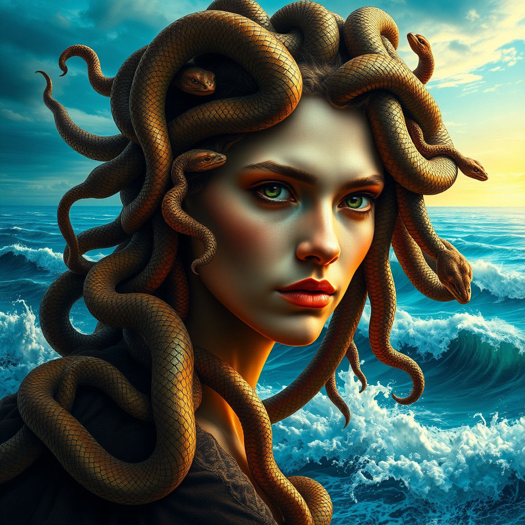 Surrealistic Portrait of Medusa in a Vibrant Oceanic Landsca...