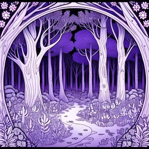 Vibrant Magical Forest Scene in Monochromatic Design