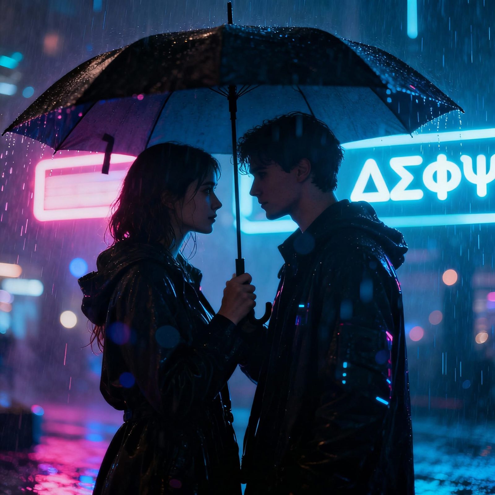Futuristic Lovers in Neon Rain