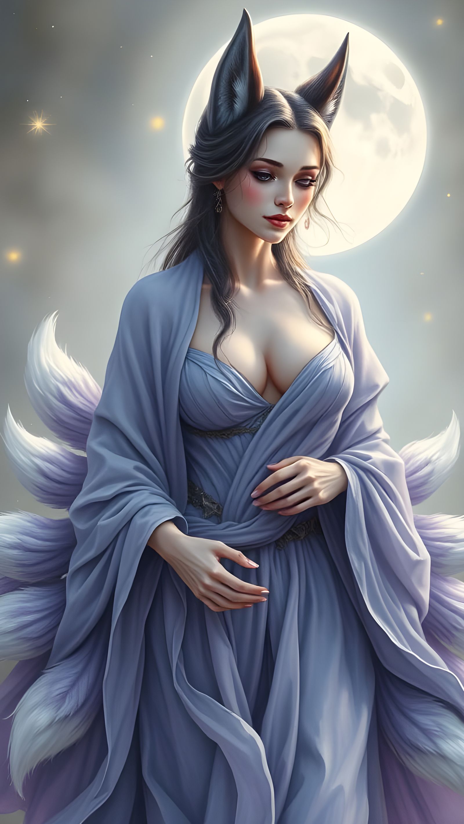 Mystical Fox Woman with Translucent Tails in Moonlight