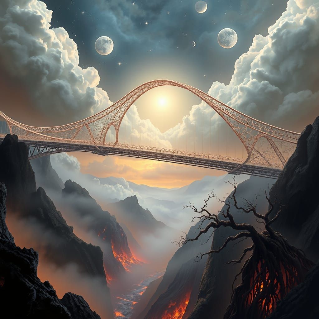 Ethereal Bridge between Heaven and Hell in Golden Aesthetic