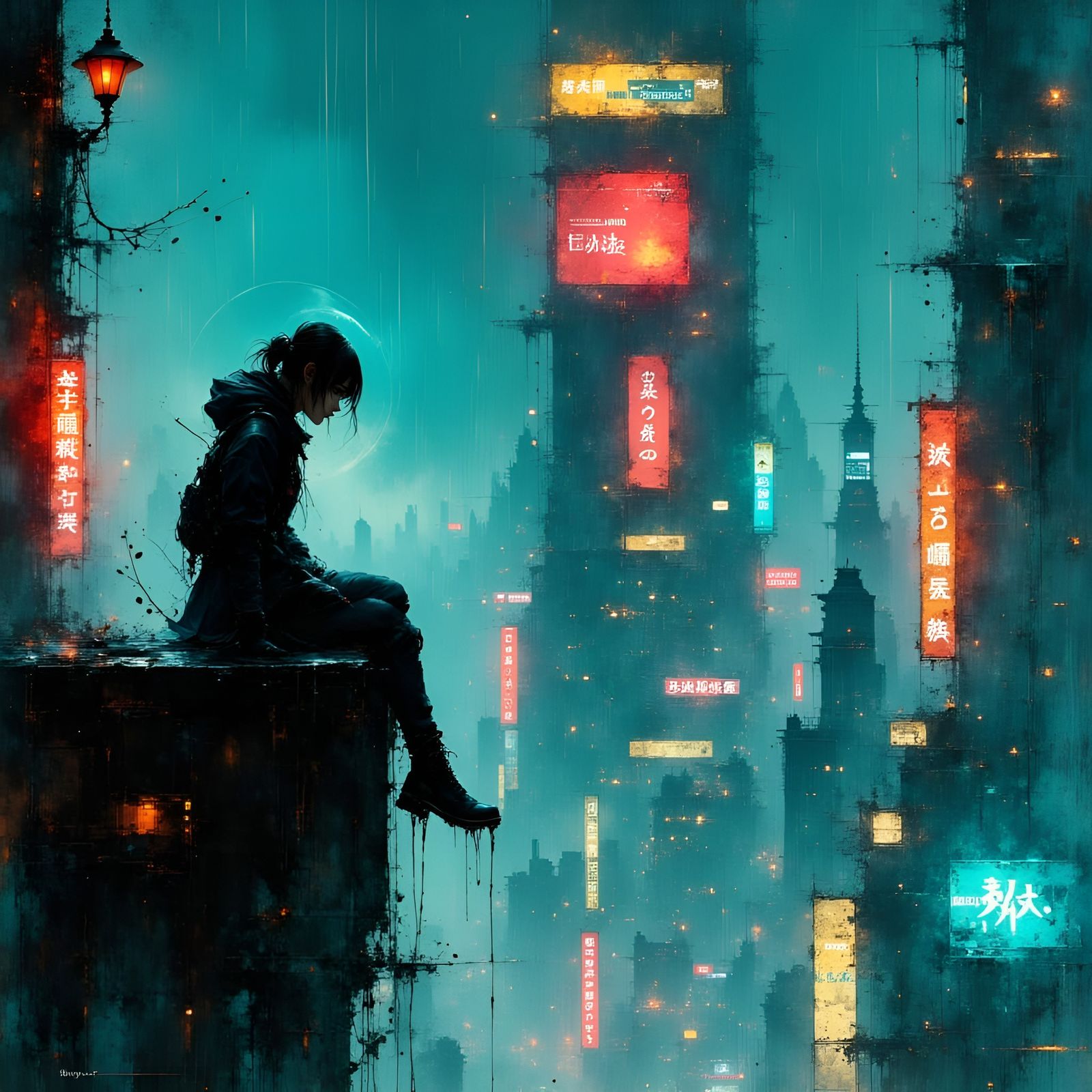 Cyberpunk Woman Overlooking Neon Cityscape