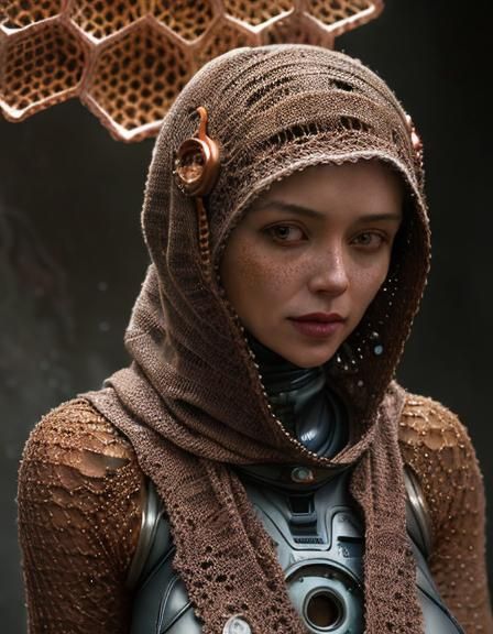 Surreal Astronaut in Crochet Iron Hijab Amid Honeycomb Coppe...