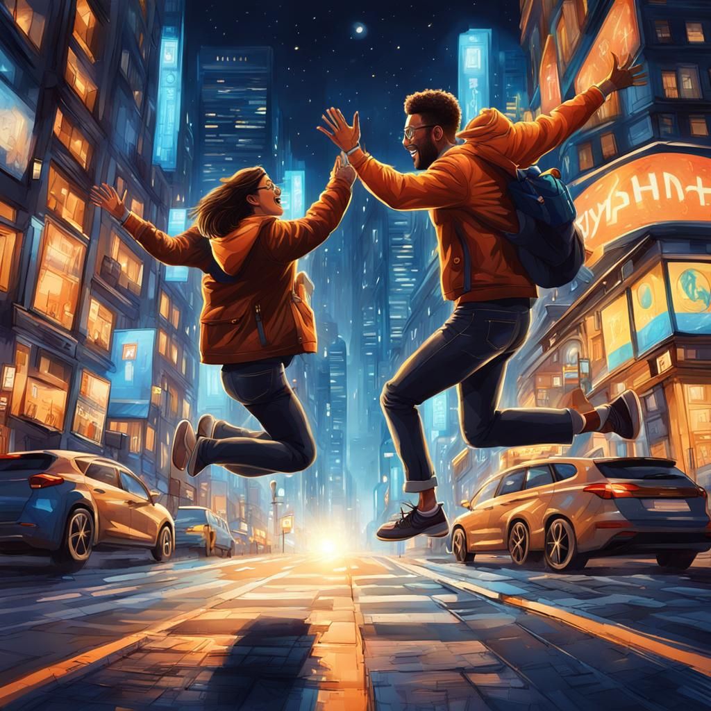 Epic City Street High Five Under Neon Lights