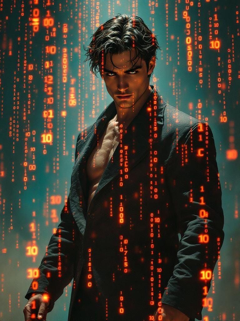 Cyberpunk Figure in Digital Code Rain