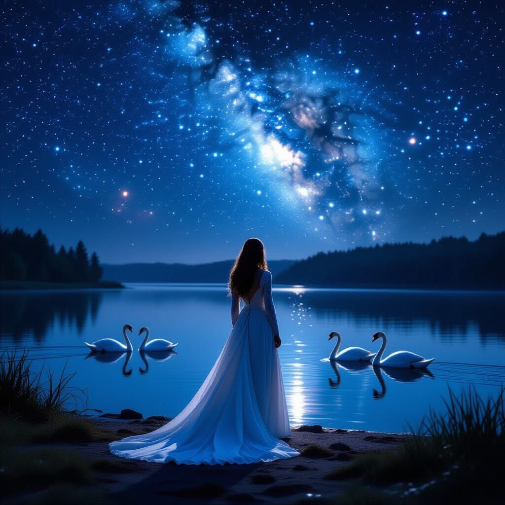Serene Lakeside Scene with Swans and Starry Sky