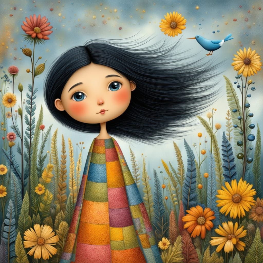 modern fairytale painted on aged paper: exaggerated whimsica...