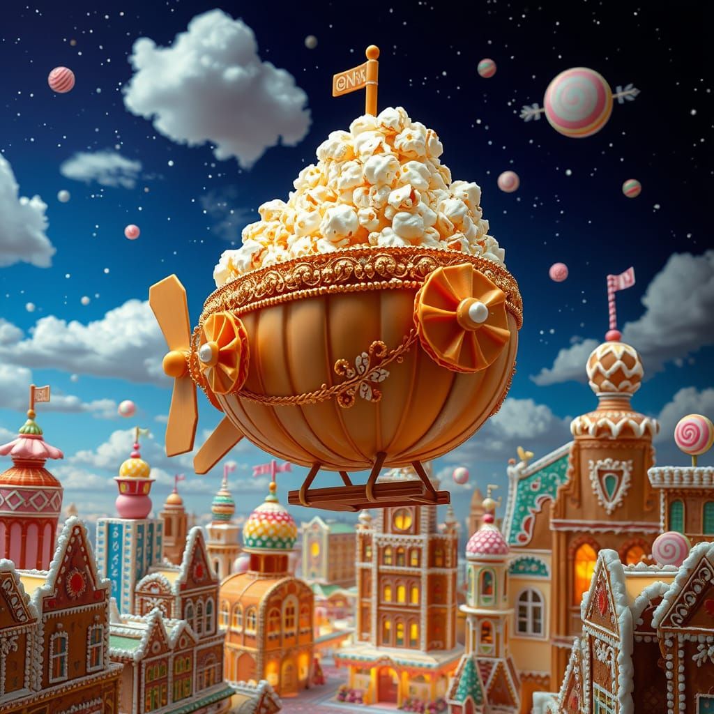 Popcorn Airship Soaring Through Gingerbread Metropolis