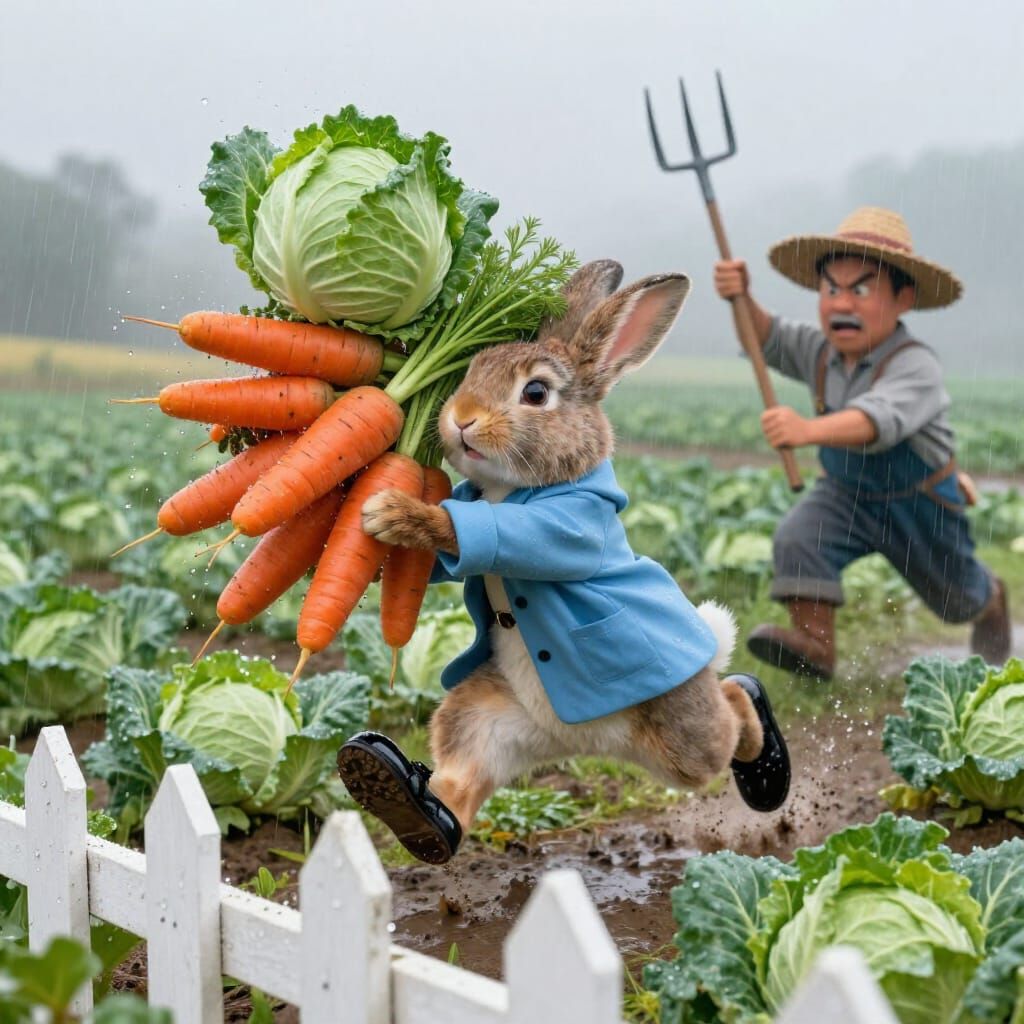 Rabbit Stealing Cabbage From Farmer in Misty Drizzle