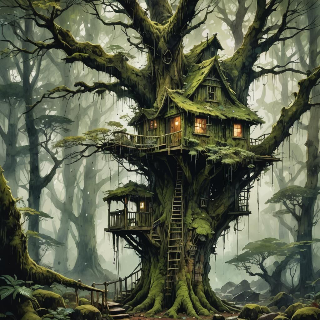 A Watercolor Treehouse in an Enchanted Forest