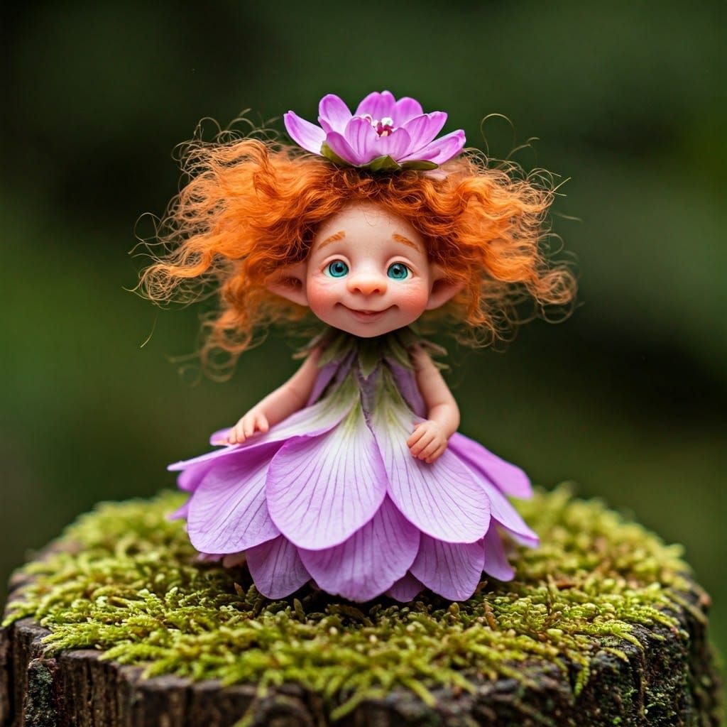 Tiny Fairy Sits on Mossy Tree Stump in Whimsical Realism