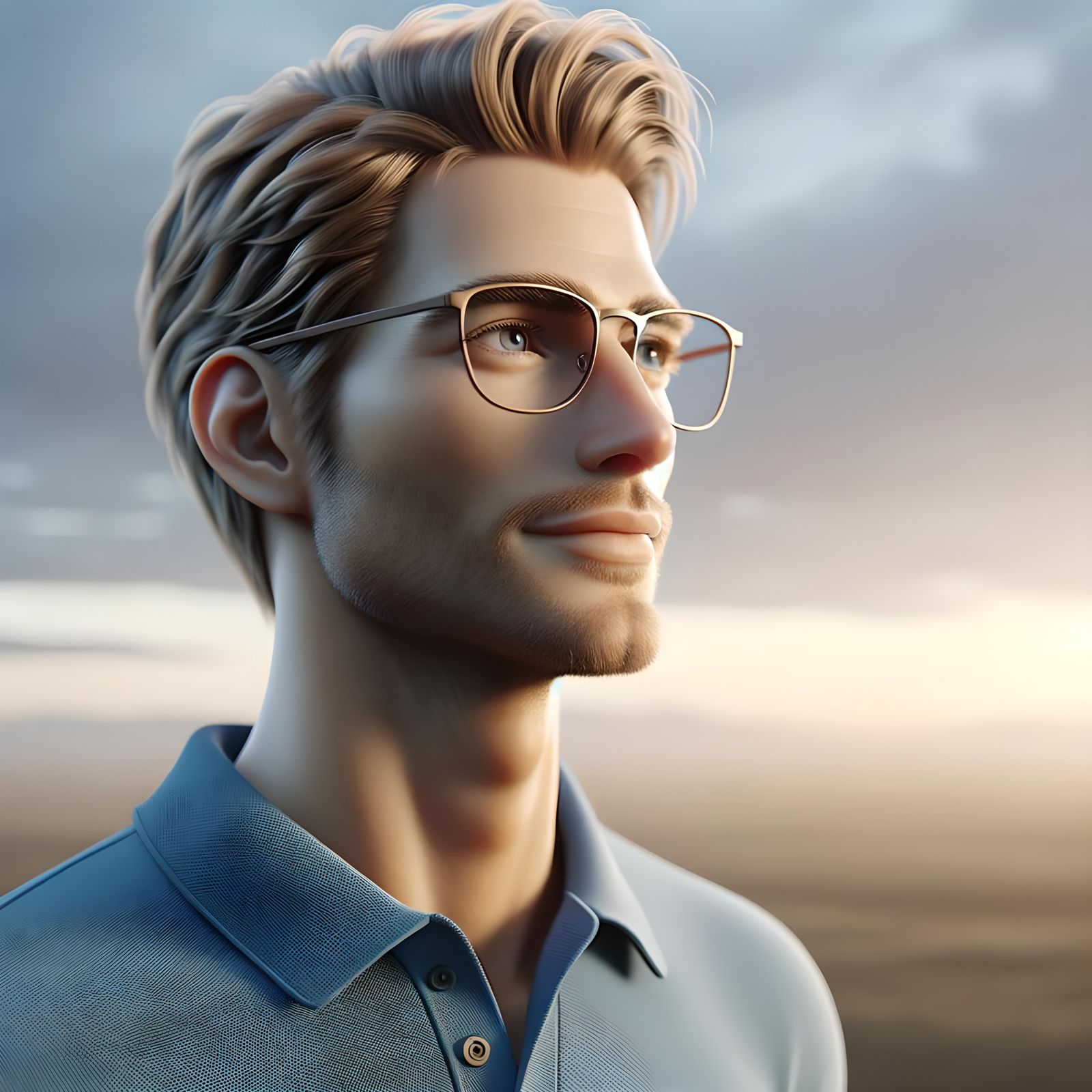 Confident Young Man Gazing Towards the Horizon with Hope and...