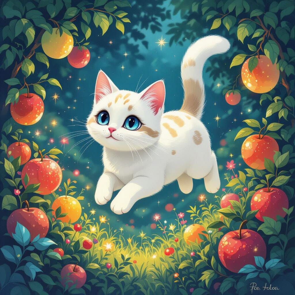 White Spotted Cat Flies Over Magical Bioluminescent Fruit Ga...