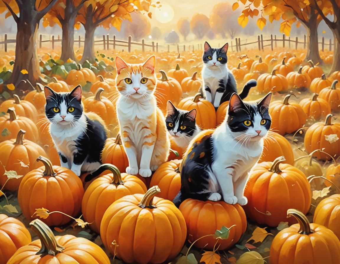 Surreal Autumn Cats in Whimsical Oil Painting Style