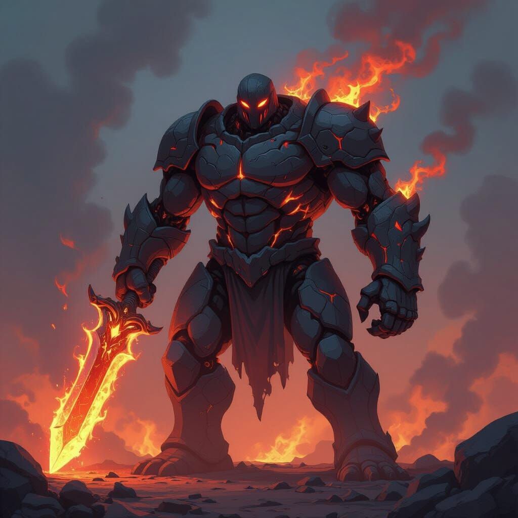 Magma Golem Wields Blazing Dwarven Sword