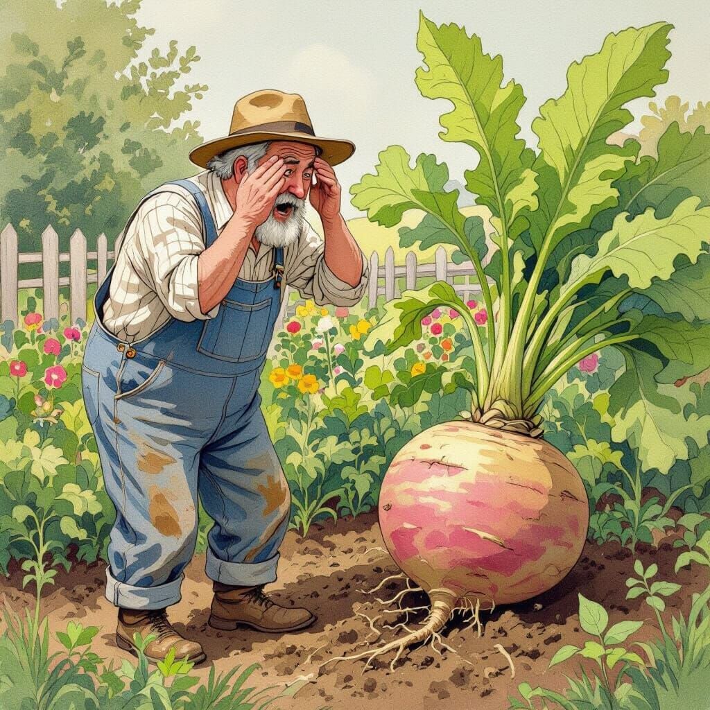 Farmer's Surprise: Giant Turnip in Impressionistic Style