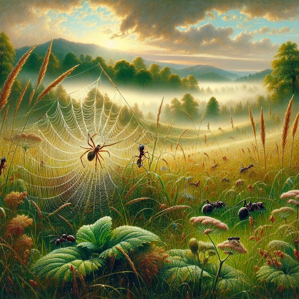 Enchanting Meadow Morning with Dew and Fog