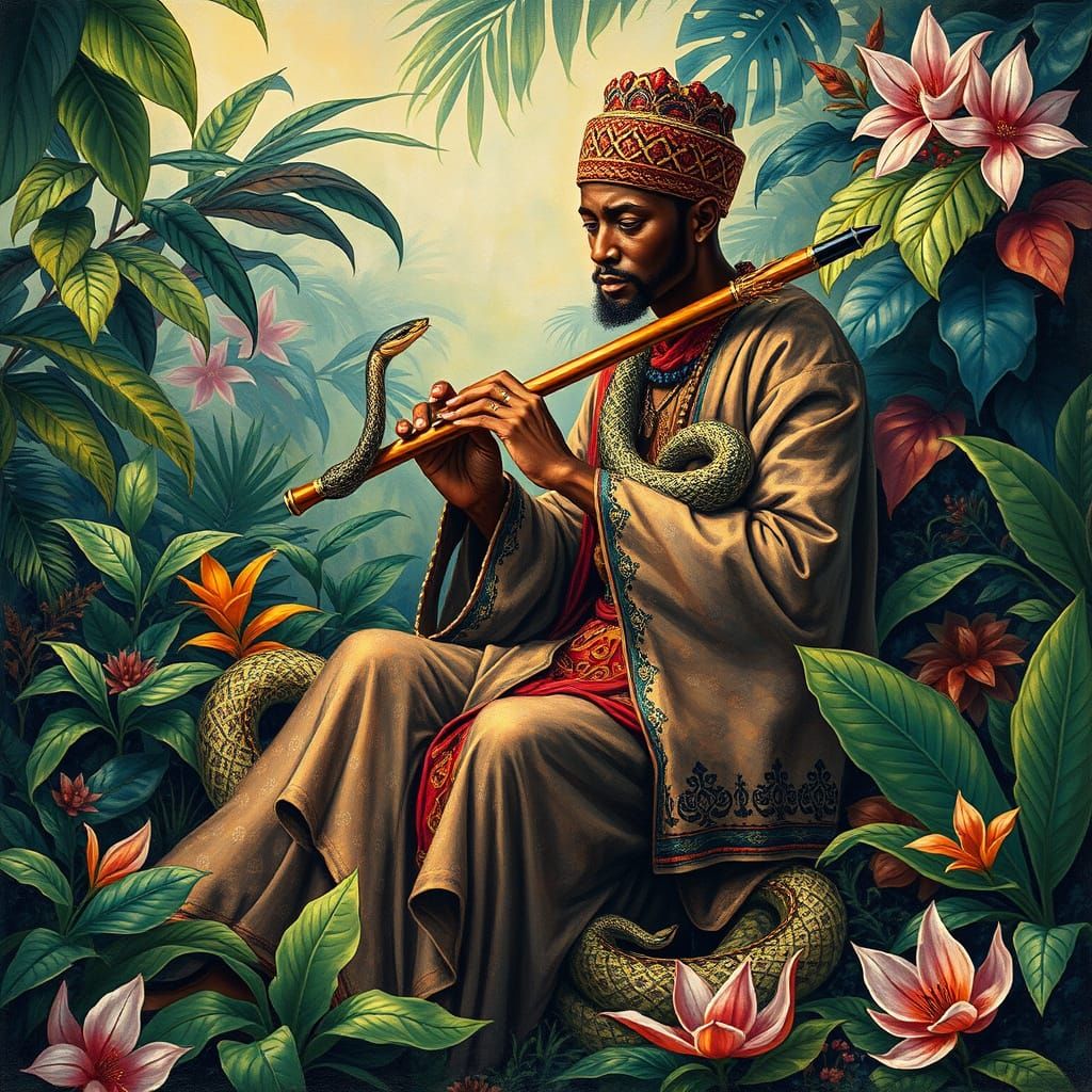 Serenely Majestic Flute Player in Exotic Jungle Scene