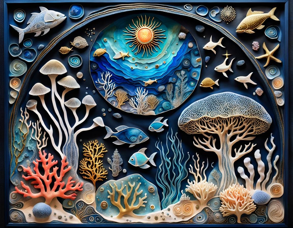 Ancient Coral Reef Scene in Mixed Media Masterpiece