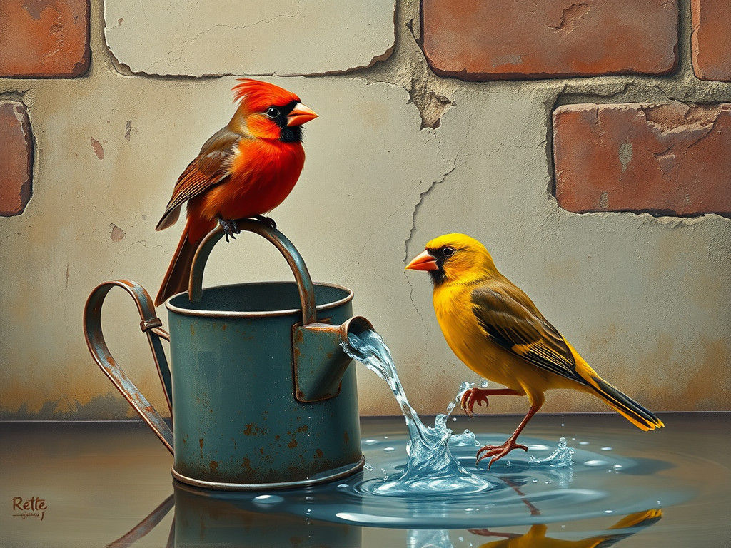 Cardinal Bird on Rusty Watering Can in Dreamy Oil Gouache St...