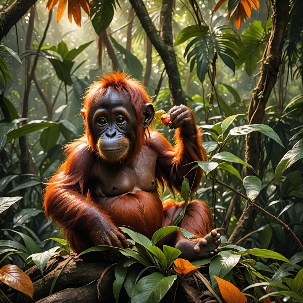 Baby Orangutan in Jungle Habitat with Food Dish