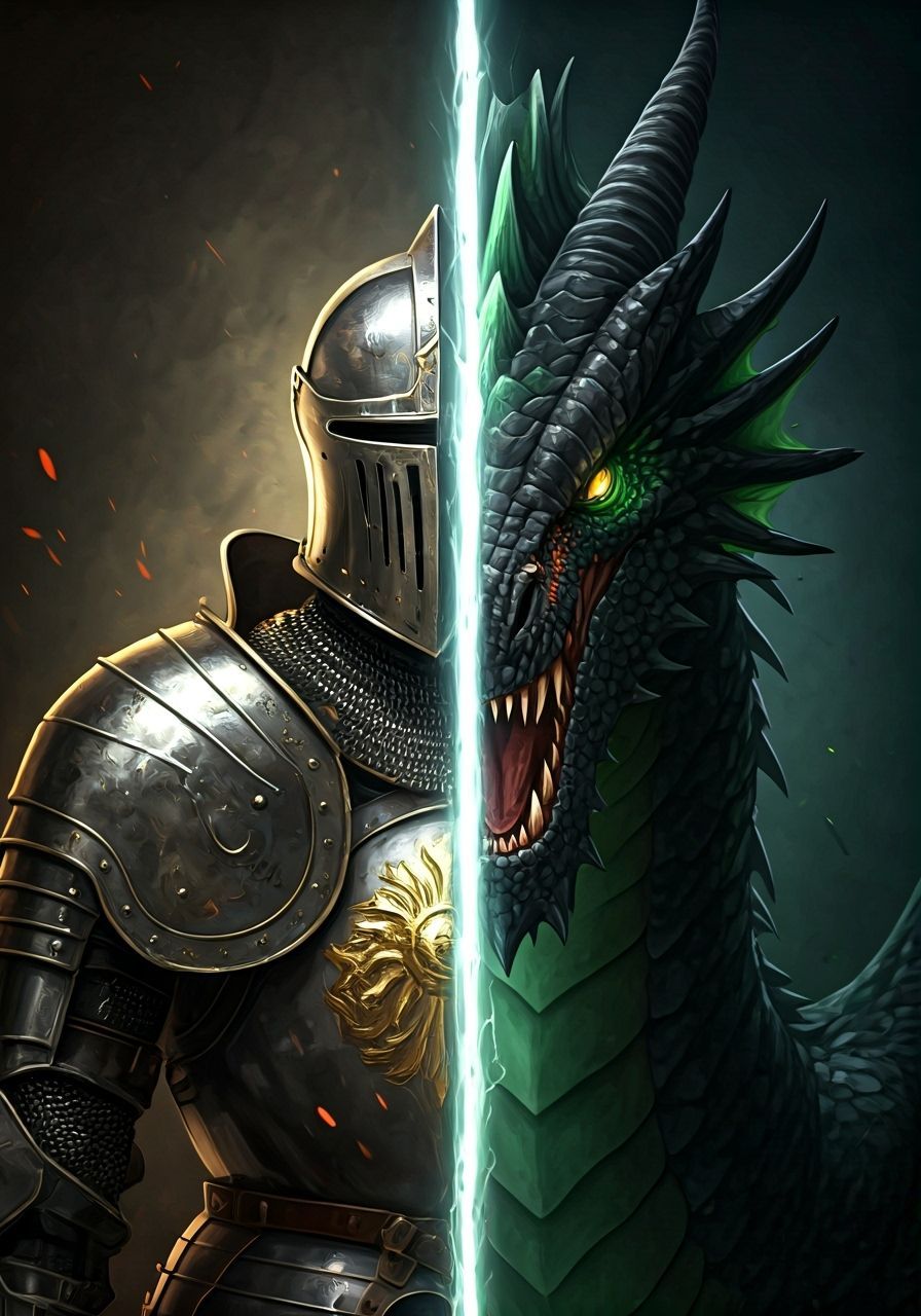 Epic Knight Versus Dragon Split Portrait