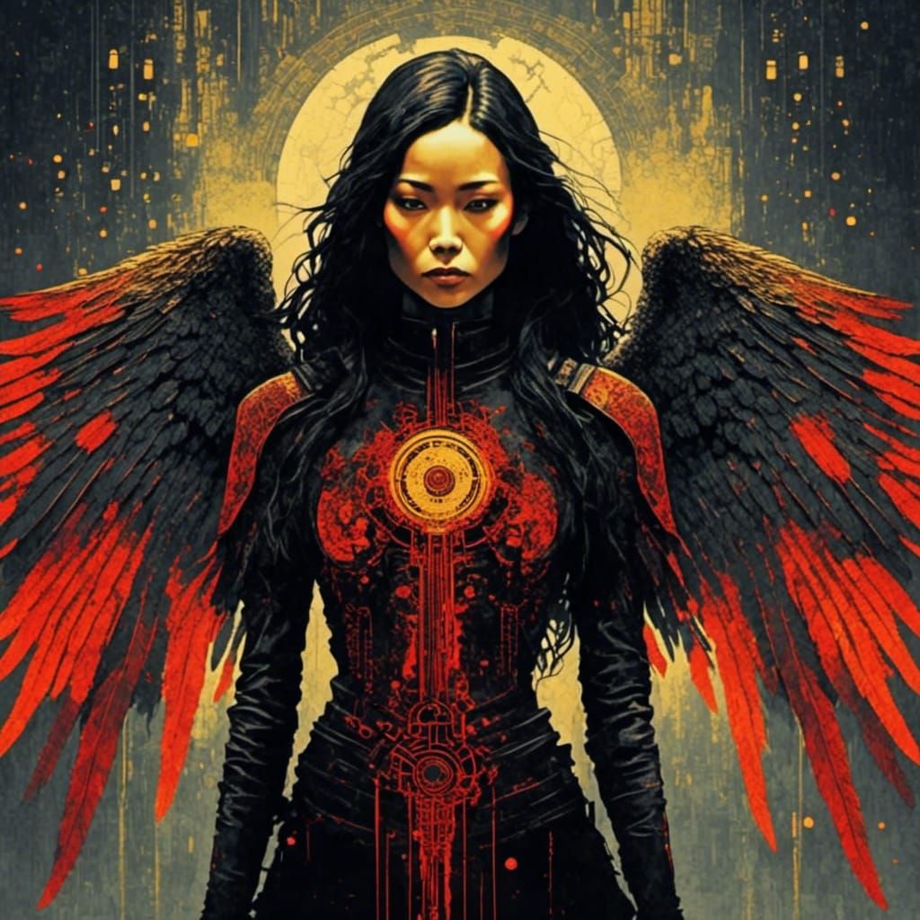 Cyberpunk Steampunk Dark Angel Ascends with Asian Android Be...