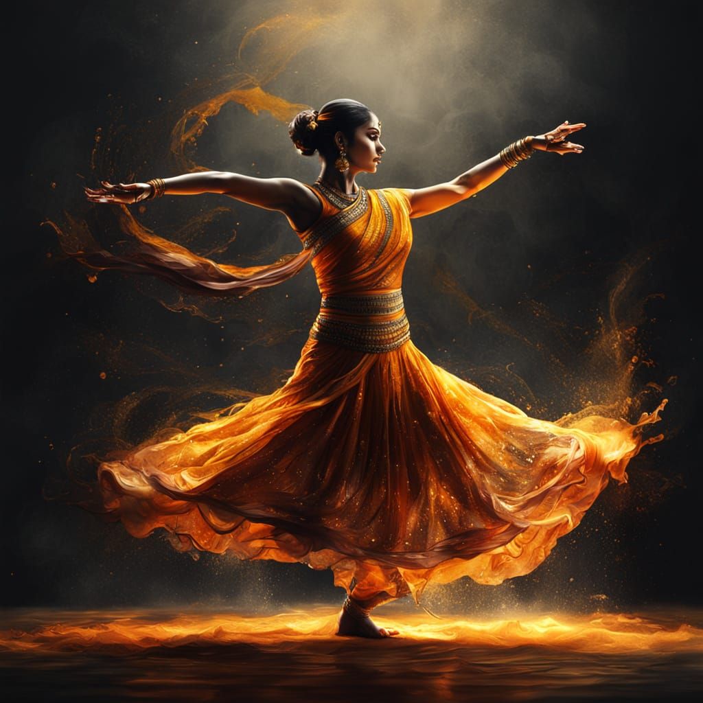Lady in Saffron Dance Illustration in Epic Cinematic Style