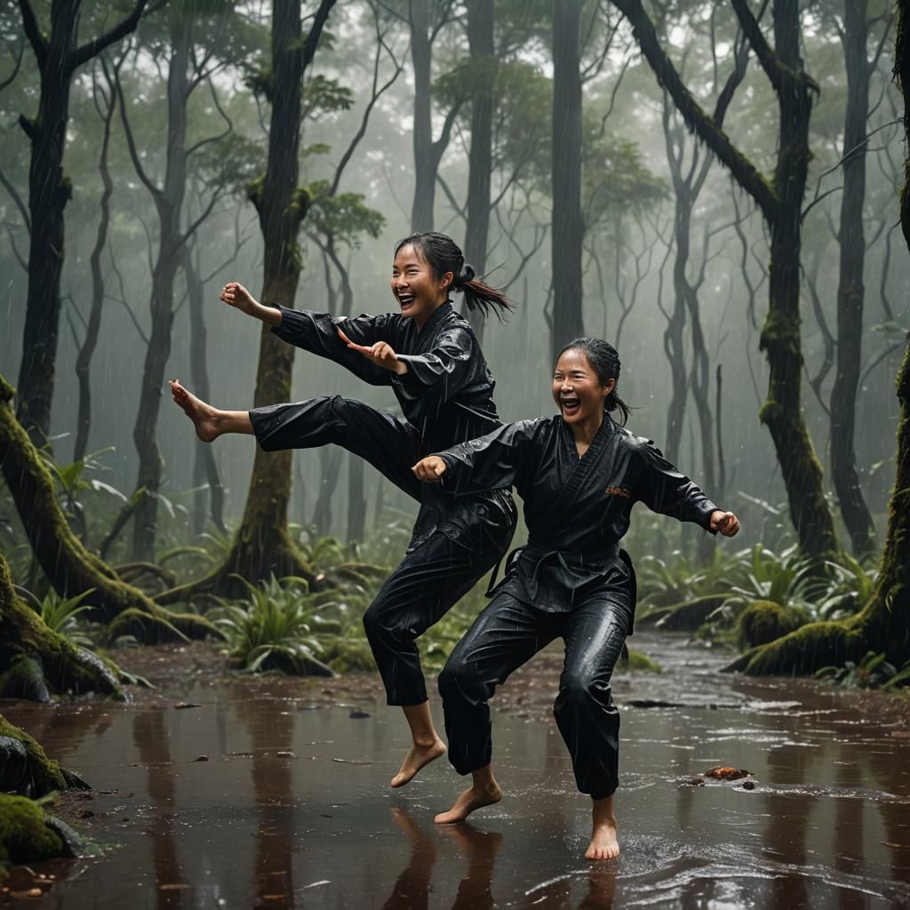 Women in Black Karate Attire Train Martial Arts in Rainy For...