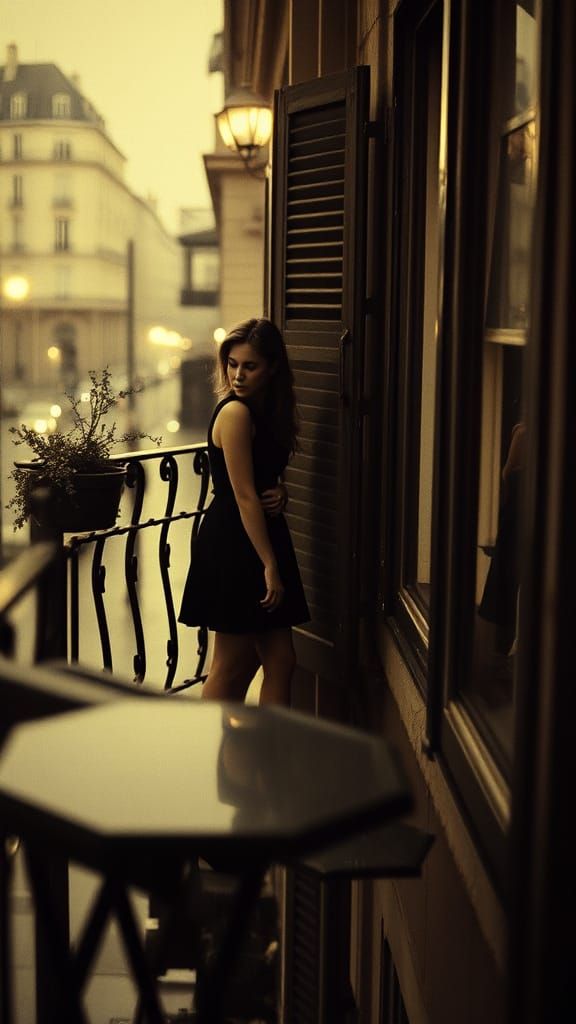 Arguing Couple on Balcony in Rainy Paris, Vintage Film