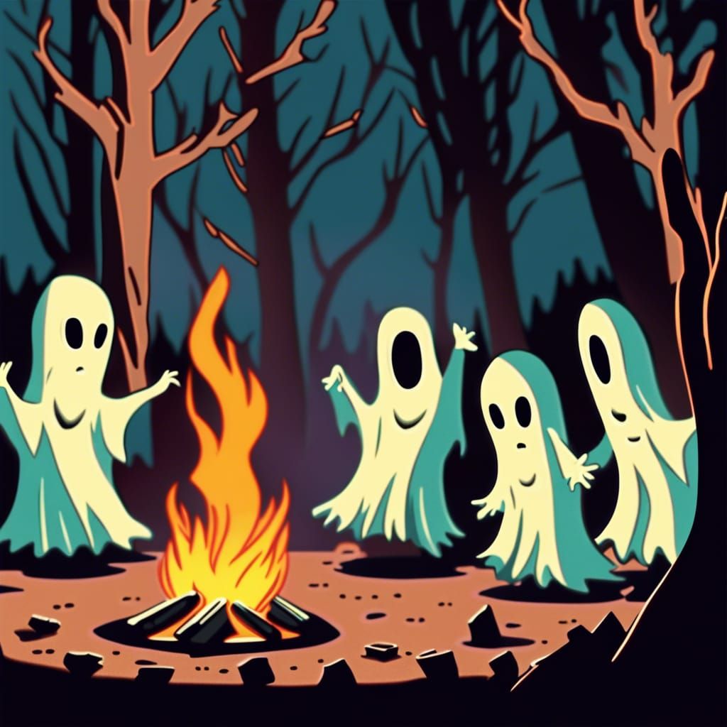 Shadowy Spirits Dance Around Flickering Campfire in Retro An...