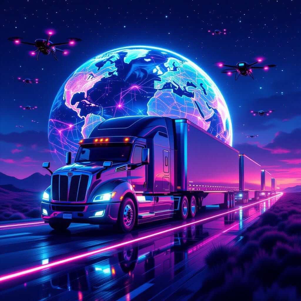 Futuristic Neon Truck Convoy on Dark Globe