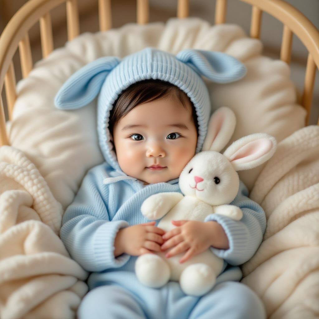 Newborn in Cradle with Bunny Toy, Soft Natural Lighting