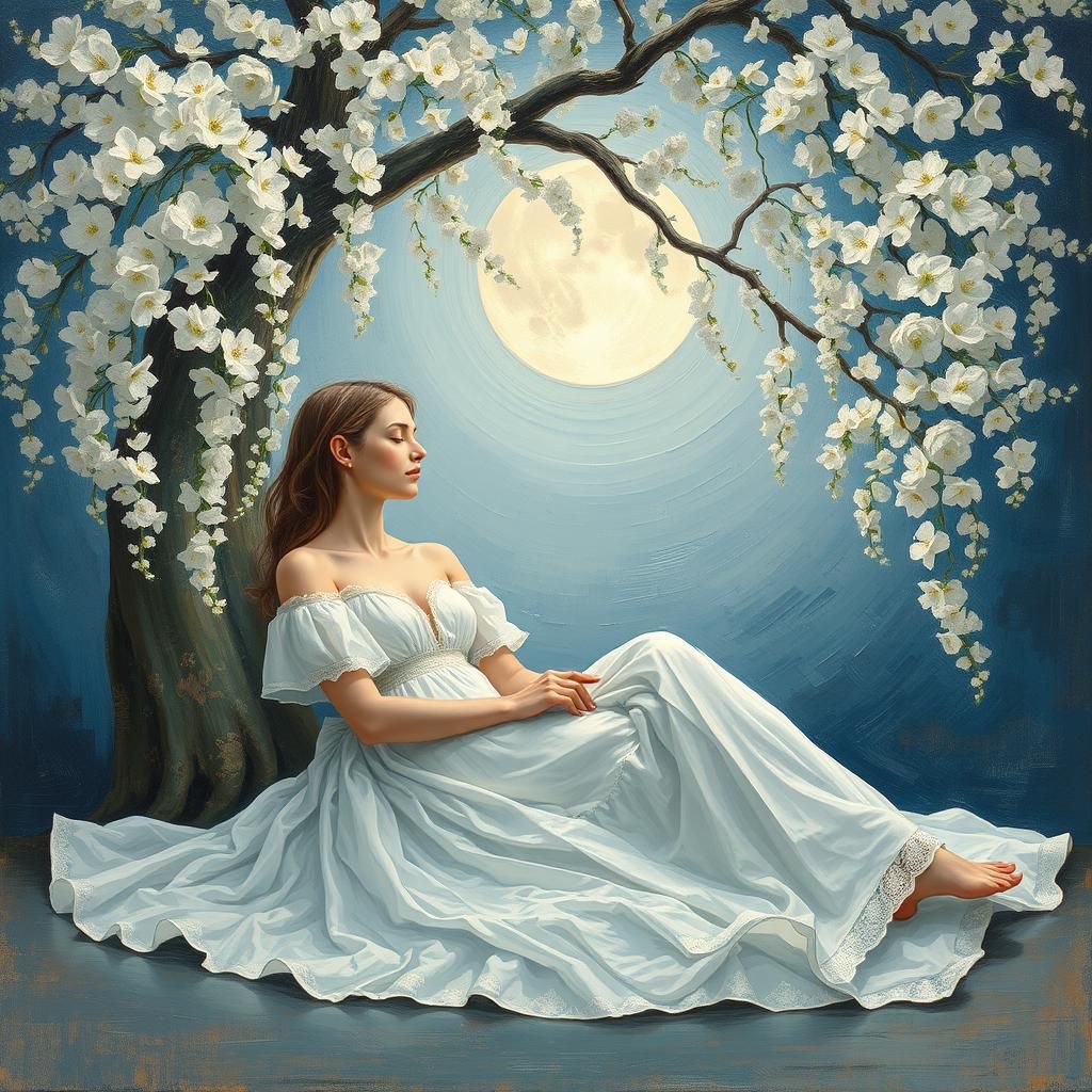 Dreamy Woman Under White Blossom Tree with Full Moon