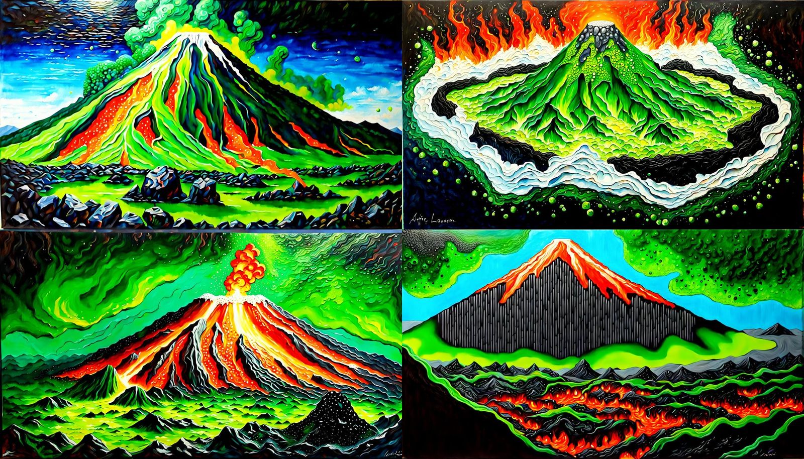 Hyperrealistic Landscape Painting of a Green Lava Volcano
