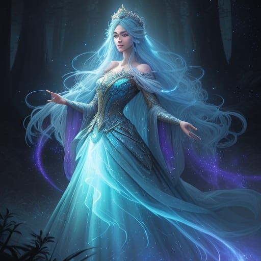 Ethereal Celestial Queen in Bioluminescent Forest