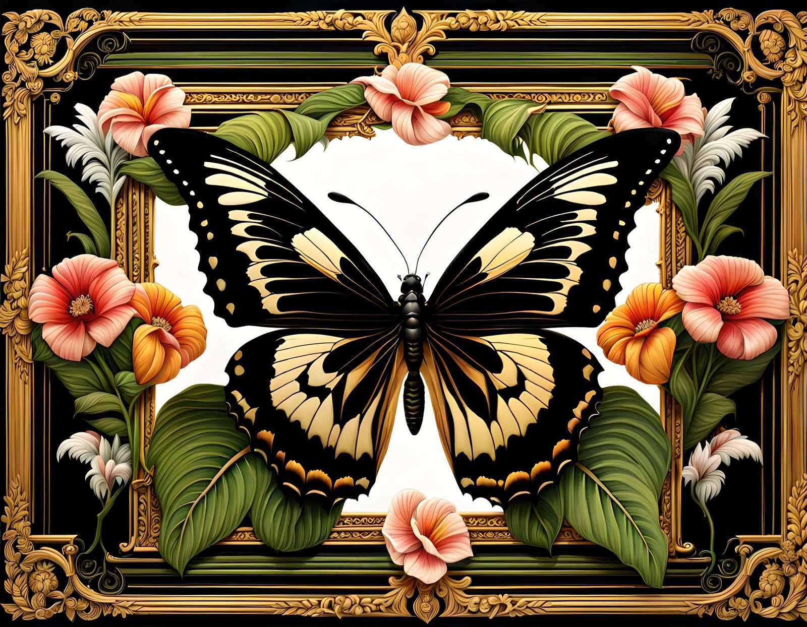 Black Butterfly in Baroque Style Fantasy Landscape