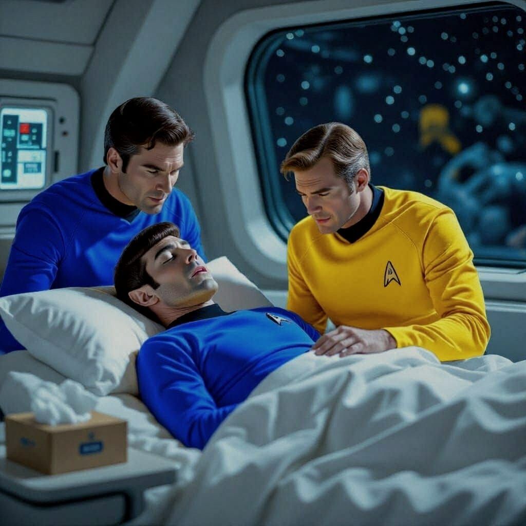 Spock Sick in Bed with Kirk and McCoy